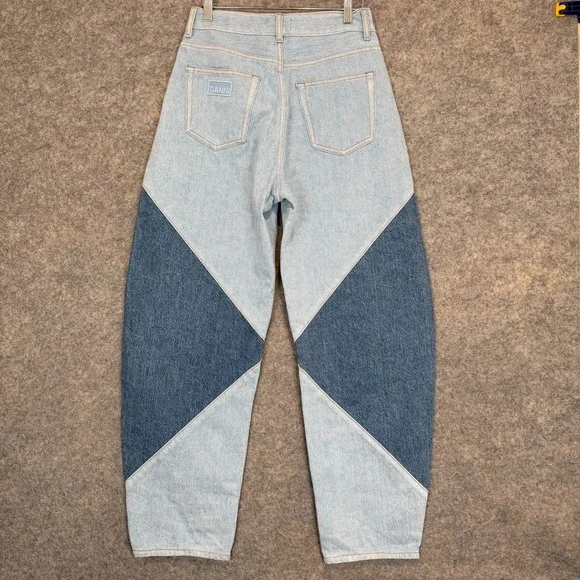 GANNI Blue Stary Jeans Womens 27 Patchwork Tapered Denim Pants Two Tone Balloon - Picture 11 of 16